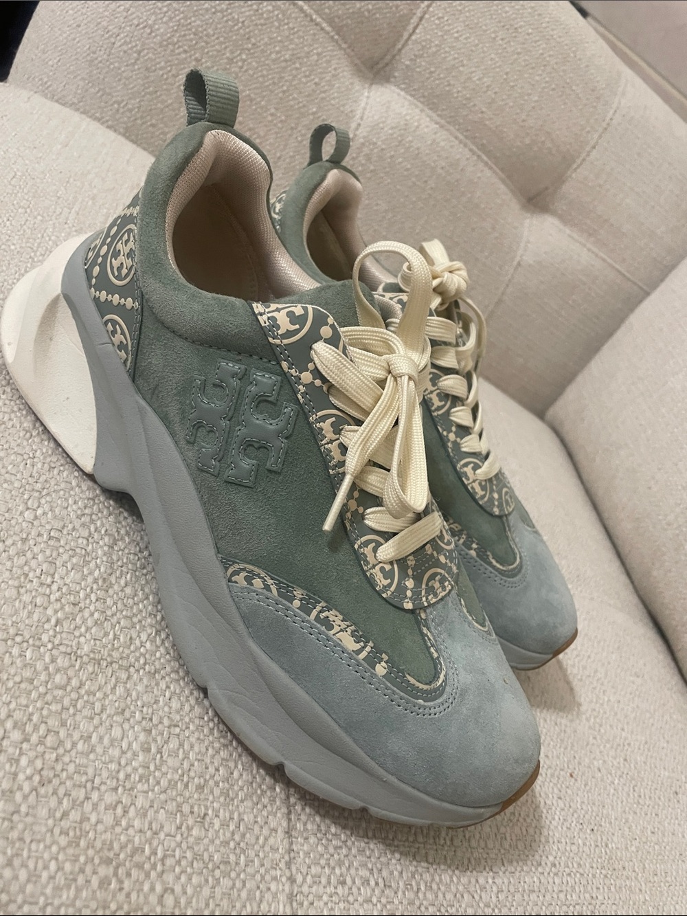Tory Burch Green Suede Logo-Accent Sneakers with Cream Laces
